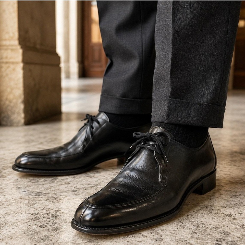 Vintage Bally Wing Black Leather Apron Toe Derby Shoes Mens 10A Switzerland